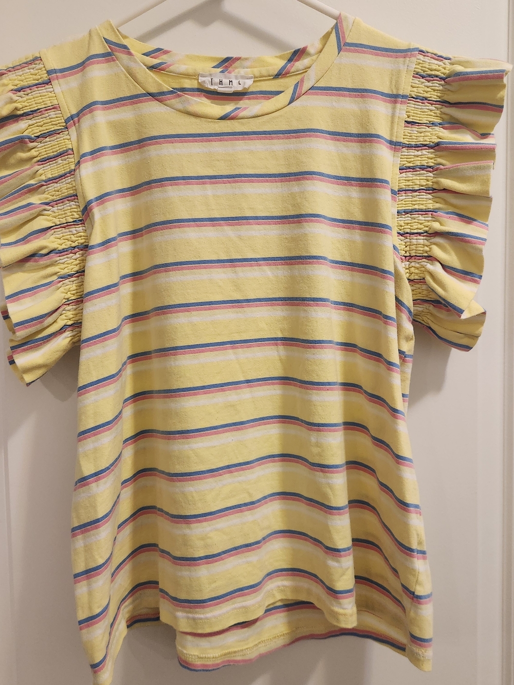 Anthropologie  THML Yellow Striped Ruffle Sleeve Tee